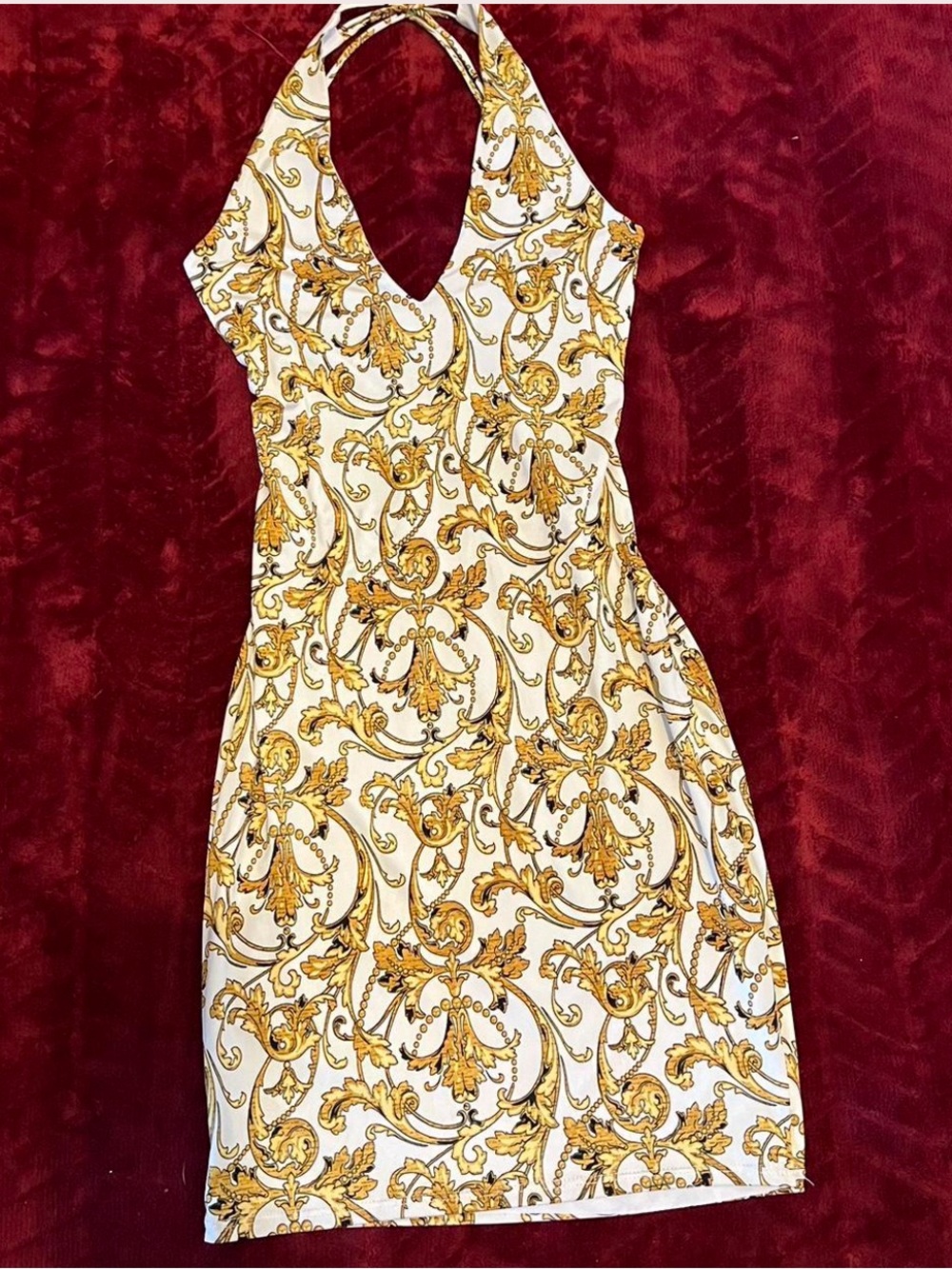 Fashion Nova White and Gold Printed Halter Dress